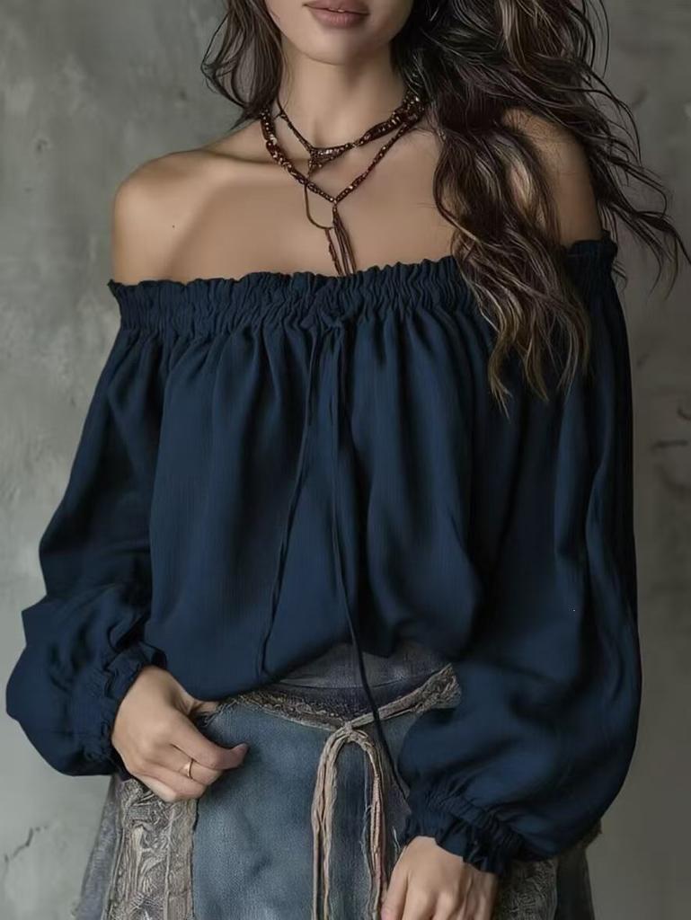 Nuovo top monospalla europeo e americano, manica a sbuffo, scollo elasticizzato, design allacciato, manica lunga alla moda ed elegante da donna