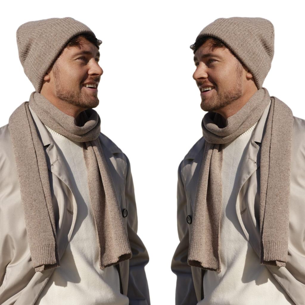 Patrick Men' Set - Hat and Scarf, Dark Beige (Merino & Silk)