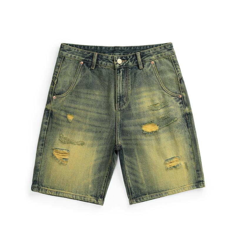 New Summer Retro Old Ripped Denim Shorts Men's Loose Straight Cutout Pants
