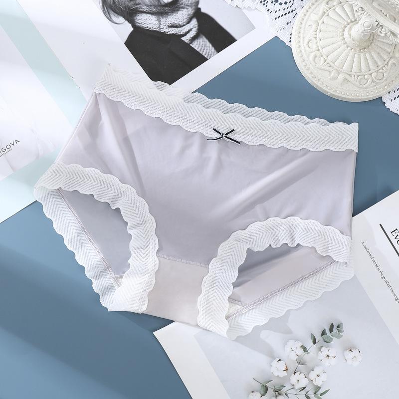 Ice Silk Cotton Lace Edge Girls' Underwear Breathable Mesh Antibacterial Thin Mid Waist Women's Triangle Panties