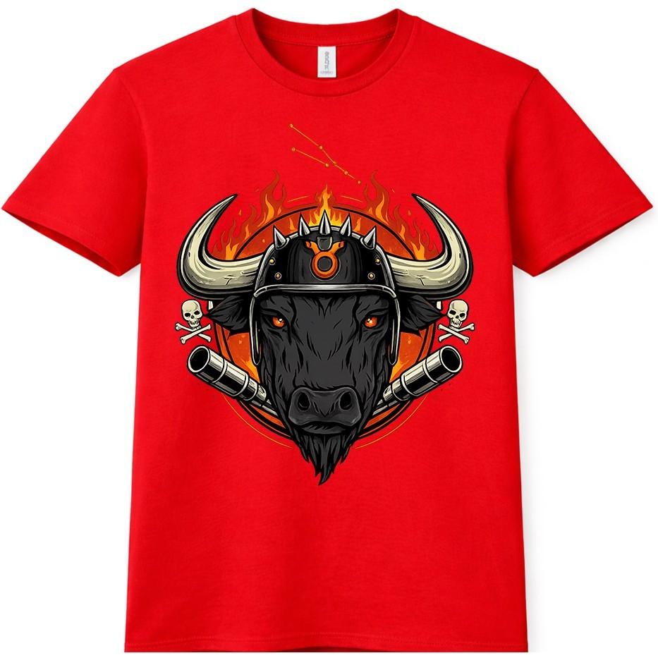 Taurus Zodiac Bull TShirt Armored Bull Flames Skull Astrology Graphic Tee S