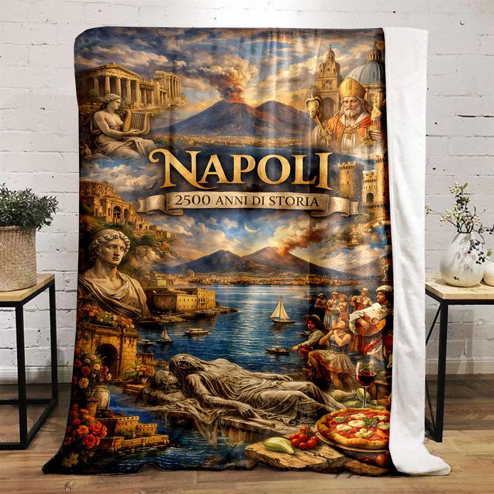 The picture depicts Naples' history with Mt. Vesuvius, art, music, and cuisine. for all seasons blanket lunch break throw gift