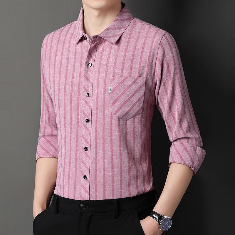 Long-sleeved Striped Spring and Autumn Shirt for Men Middle-aged Business Casual Real Pocket Cotton and Linen Dad Men's Shirt