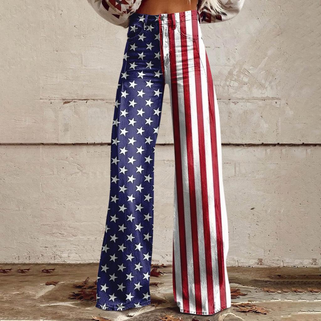 Wide Leg Flare Jeans For Women With Pockets Baggy Pants Vintage Floral Print High Waisted Loose Pant