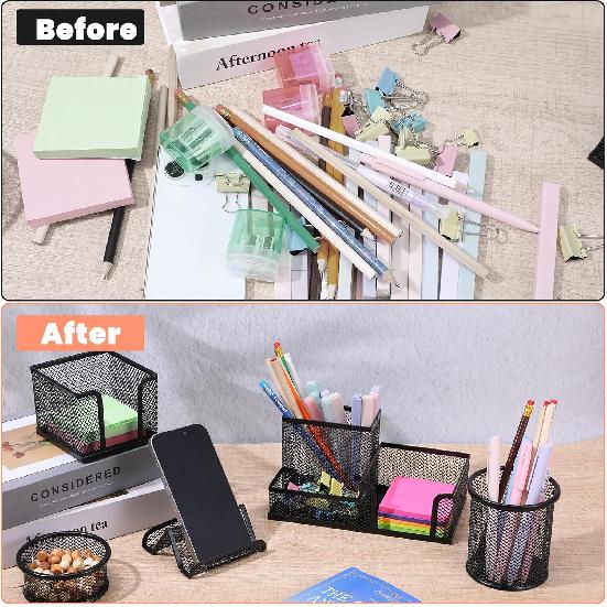 Black Mesh Pen Holder for Desk Pencil Holders 5 Pieces Desk Organizer Office Supplies Caddy with Sticky Notes Holder for Office Home