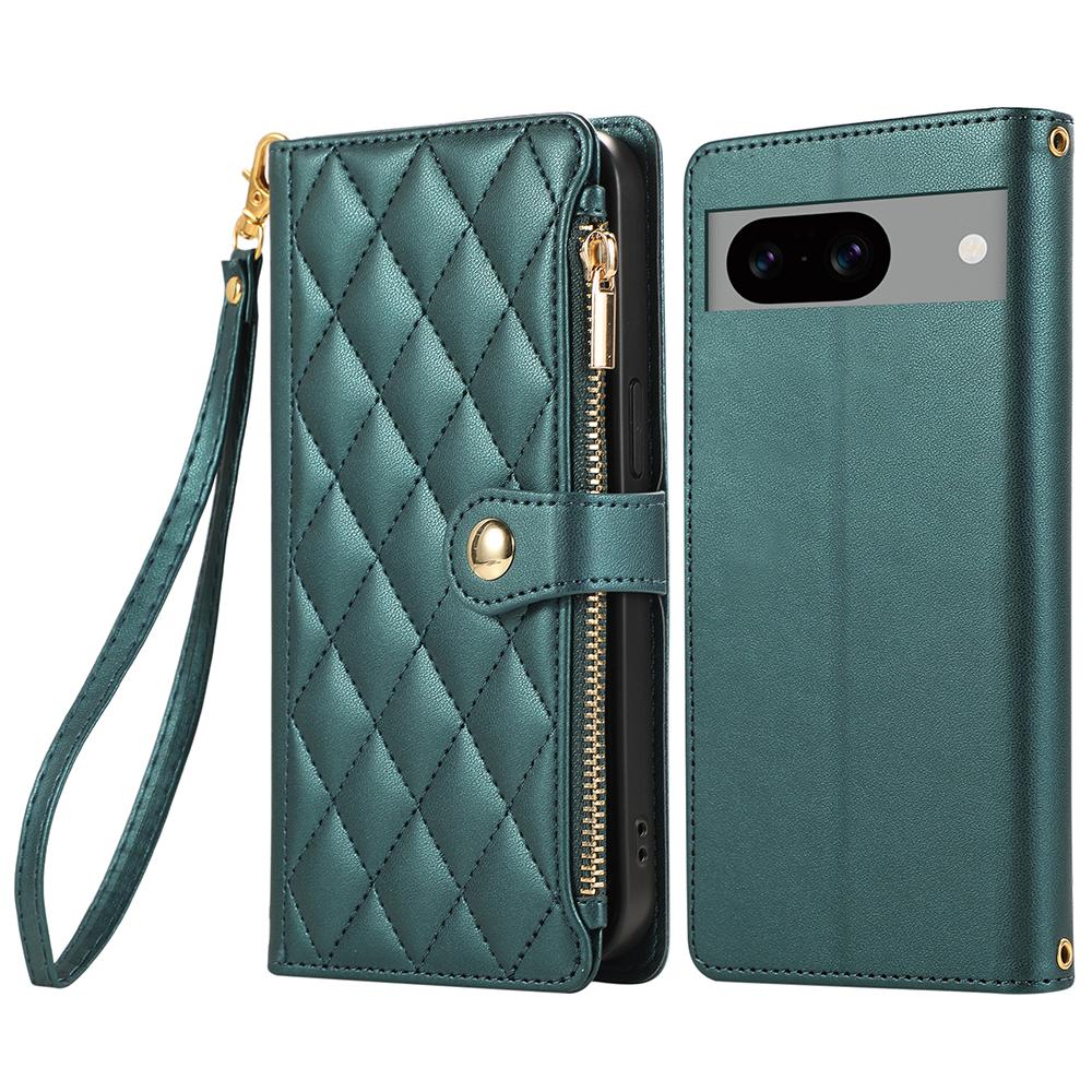 For Google Pixel 8a Case Multi Card Slots Zipper Rhombus Leather Phone Cover with Wrist Strap