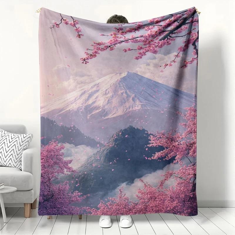 

Japanese Cherry Blossom &Mount Fuji Blanket Cozy Soft Flannel Throw Blankets for Sofa Bed Couch Aesthetic Home Decor All Seasons 70x100cm білий
