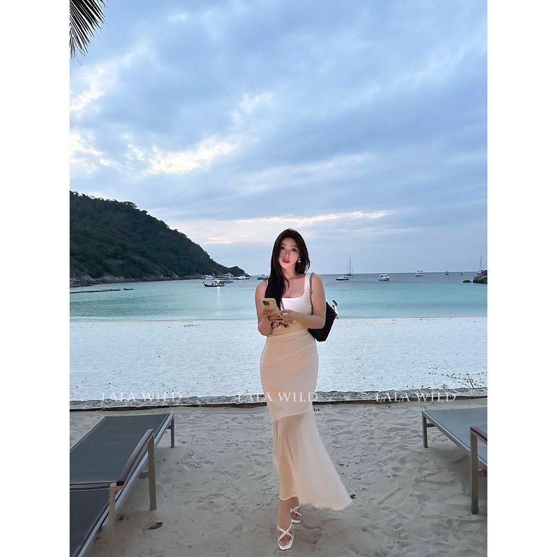 

Wild Spicy World Slim Straps Tulle Dress Summer French Classy Waist-Tight Silm Fishtail Dress White M(45-52.5kg)