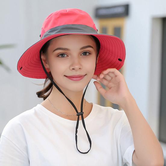 Women Summer Sun Hat Hollow Mesh Windproof Strap Wide Brim Anti-UV Sun Protection Foldable Portable Gardening Fishing Travel Cap Outdoor Fisherman Hat