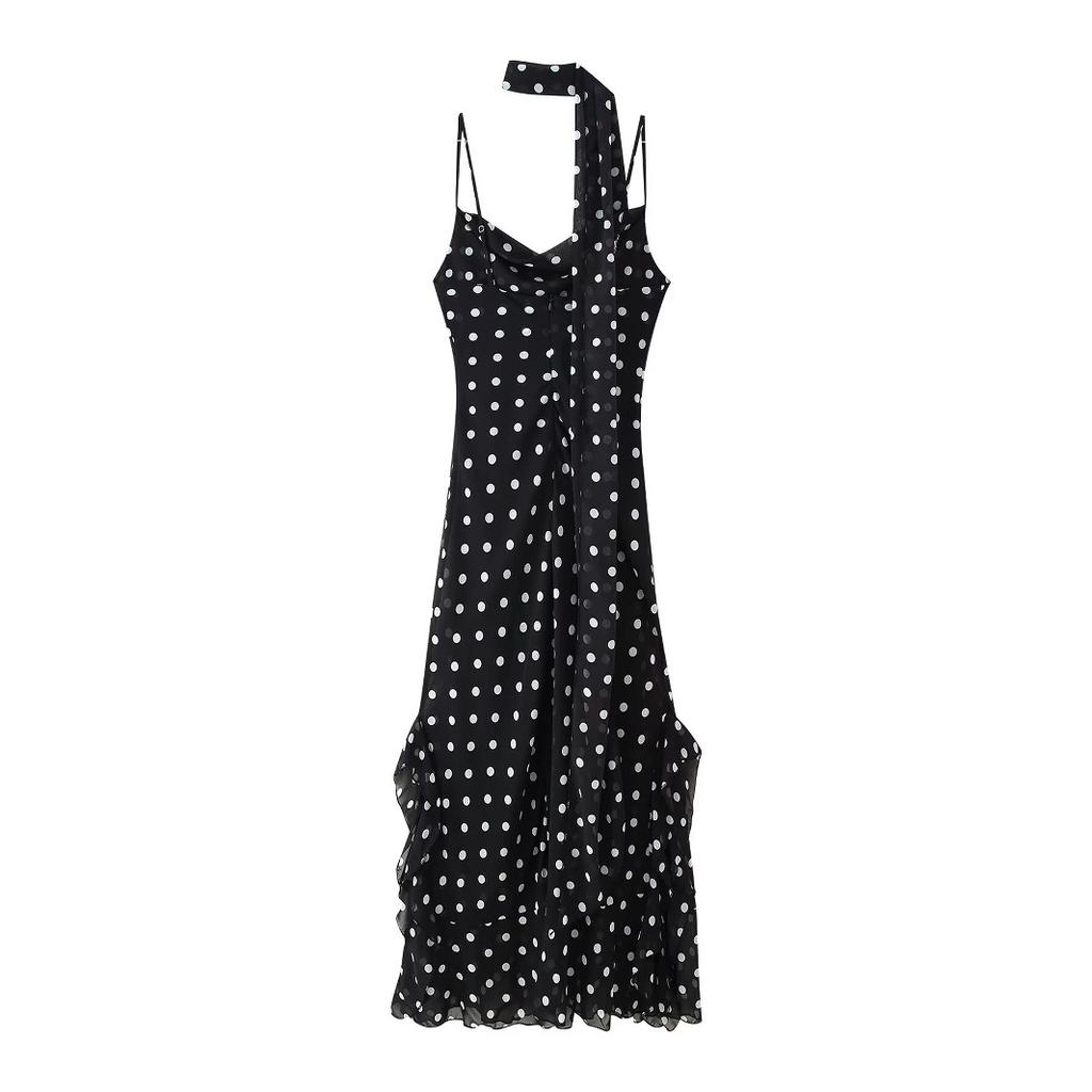 Summer new European and American women's clothing temperament light and familiar polka dot scarf streamer midi suspender dress