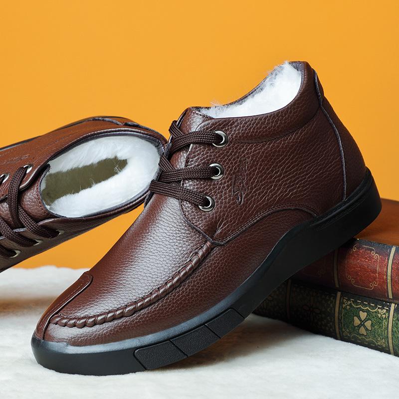 Winter First Layer Cowhide Wool Men's Cotton Shoes Genuine Leather Velvet Warm Dad Men's Shoes High-top Casual Men's Leather Shoes