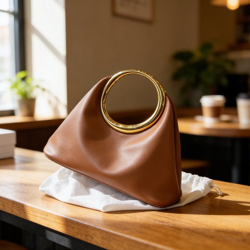 Retro Niche Design French Elegant Handbag Metal Ring High-end Soft Genuine Leather Tote Bag