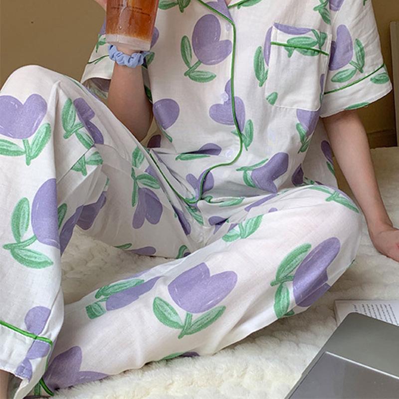 Spring/Summer Retro Floral Print Pajama Pants - Women's Korean Style, Suitable for Casual Wear, Loose Fit, Ideal for Spring and Autumn.