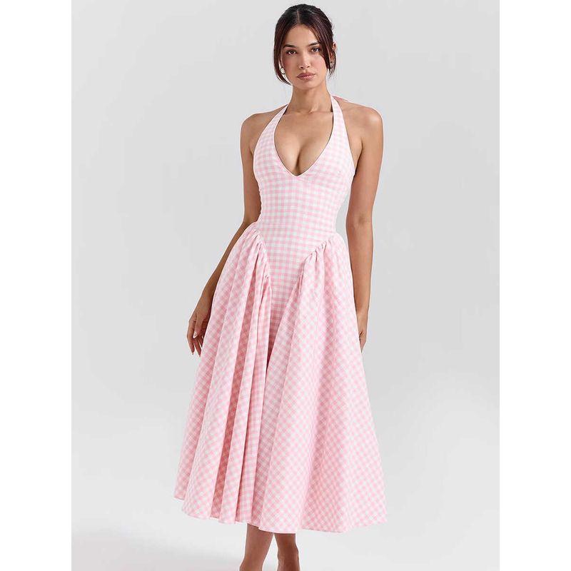 House Same Romantic Fantasy French style Sweet Pink Plaid Hanging Neck Lace-up Sexy V-neck Backless Sling Dress