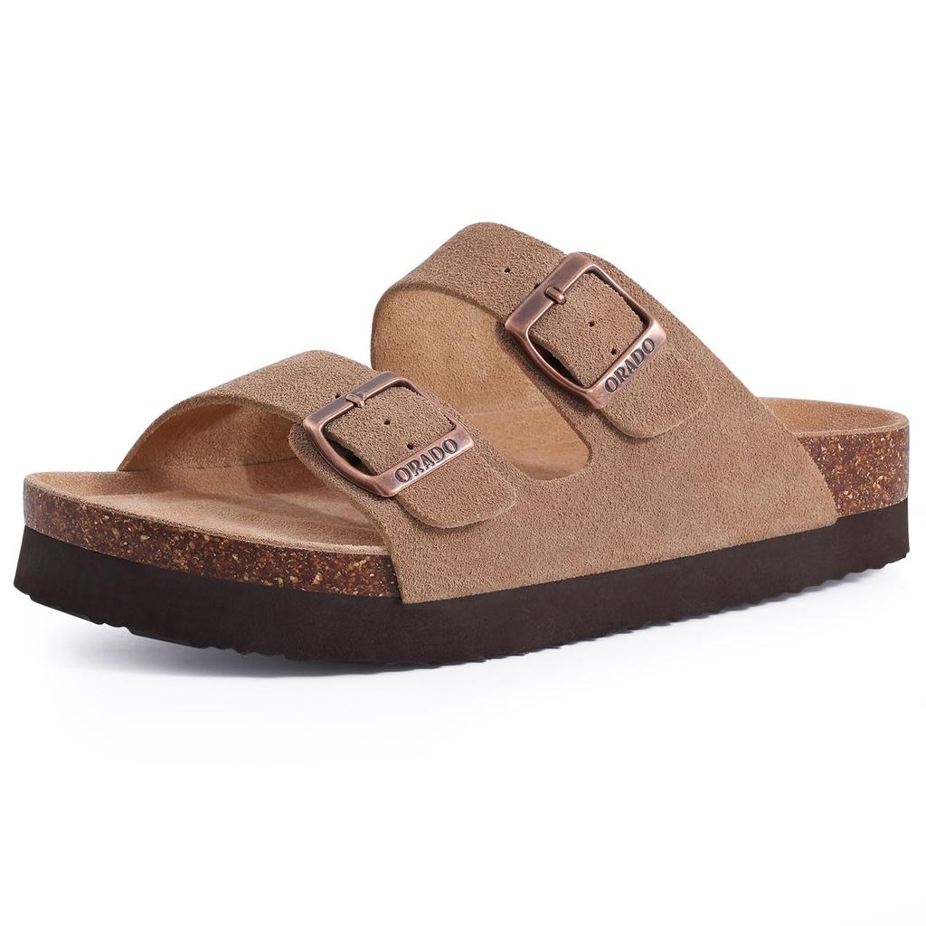 Fashion Litfun Women's Cork Footbed Sandals Classic Flat Sandals Fashion Thick Bottom Double Buckle Slides Beach Sandals With Adjustable