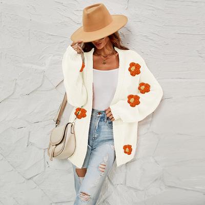 Women's Autumn and Winter Large Size Floral Cardigan Lantern Sleeve Knitted Jacket