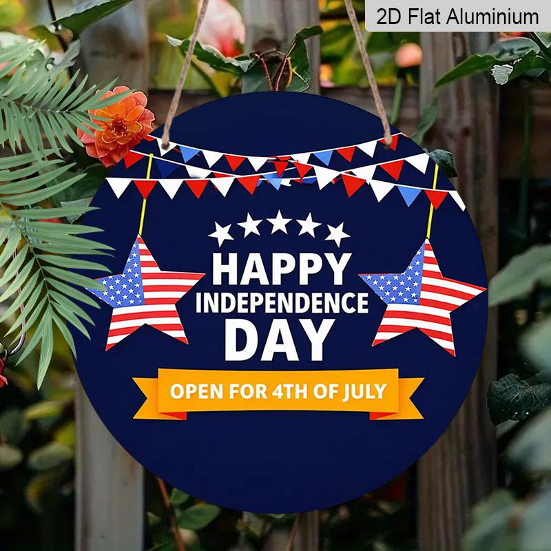 2D Flat, 1pc Round "Happy Independence Day" Aluminum Hanging Sign, Patriotic USA Flag Star Bunting Design, Rustic 4th of July Metal Wall Decor