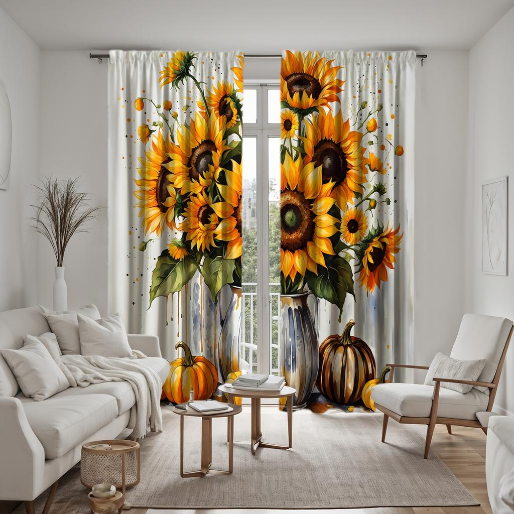 2pcs HD Thanksgiving Vase Sunflower Pumpkin Curtain Yellow Tie Digital Printed Curtain Home Decor Style Decorate Living Room