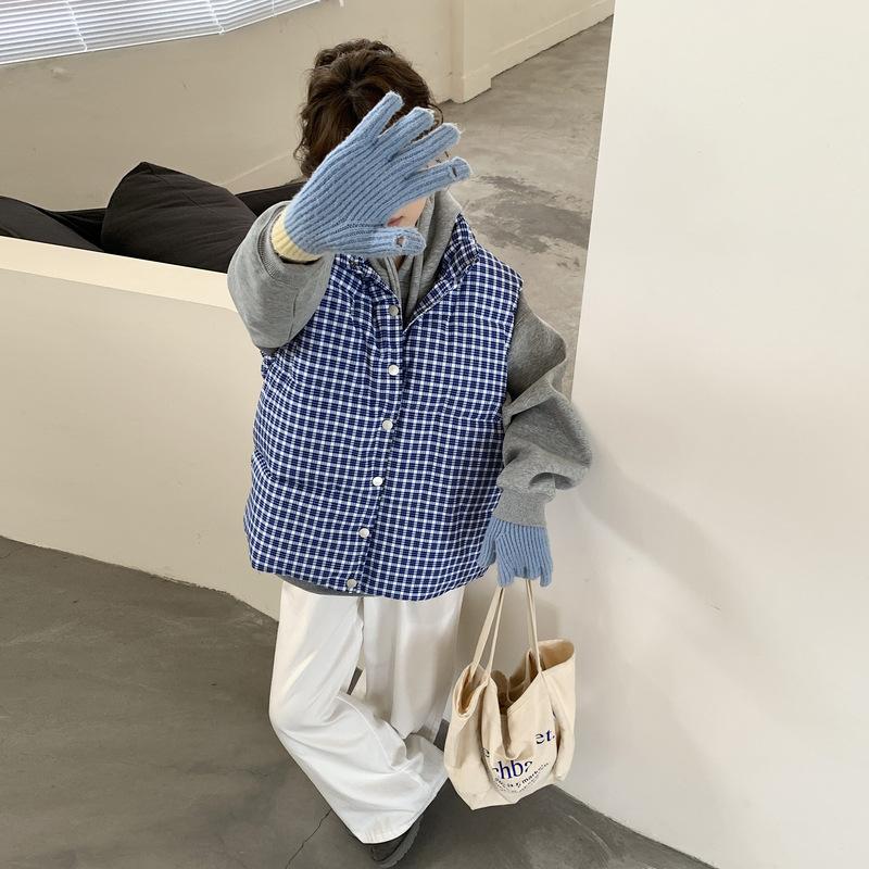 Blue Plaid Down Cotton-padded Vest Women Wear Bread Cotton-padded Outerwear for Winter Warmth