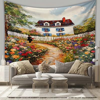 Rural Village Scenery Digital Printing Polyester Wall Tapestry Suitable for Use In Living Rooms Bedrooms Offices Bars Party