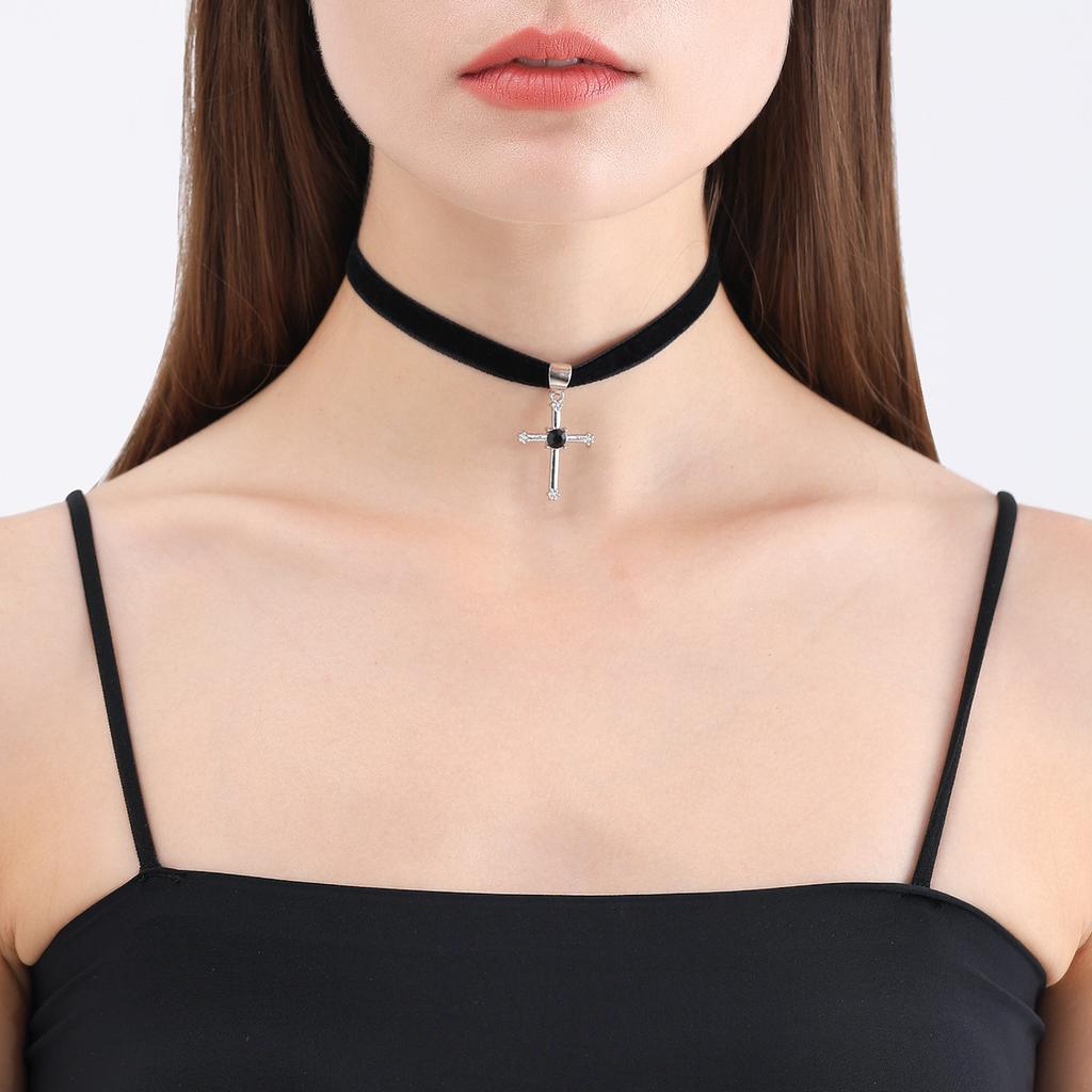 Gothic Cross Black Ribbon Choker Necklace , Short Collarbone Chain Pendant