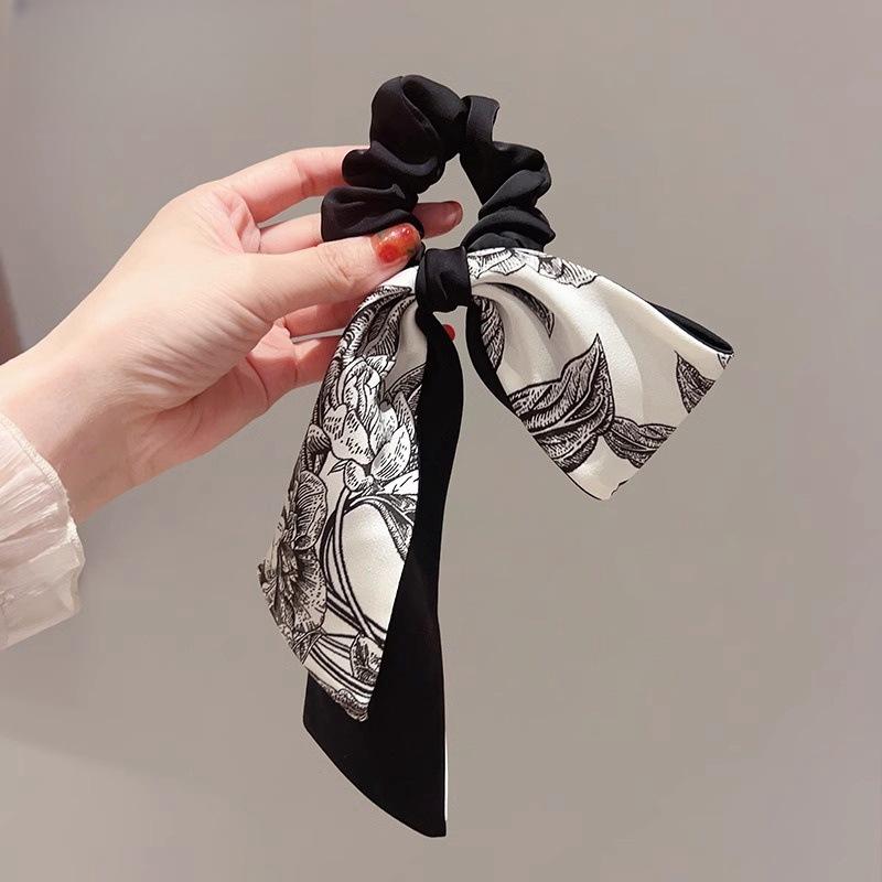 Guochao ink printing hair band French elegant unilateral bow hair rope high elastic ponytail rubber band retro hair accessories
