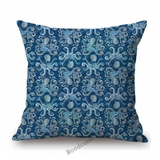 Ocean Blue Sea Life Marine Acquatics Jelly Fish Seashell Starfish Pattern Stylish Nordic Pillow Case Cotton Linen Cushion Cover