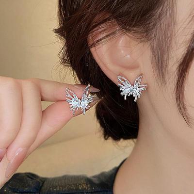 Silver Needle Firework Butterfly CZ Stud Earrings: Chic Cool Style, Versatile Niche Design