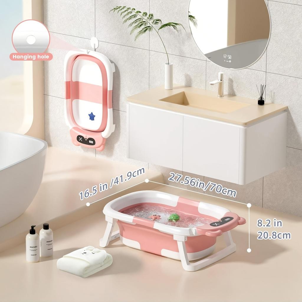 SENMEO Baby Bathtub - A foldable, durable bathtub with soft padding, featuring a portable travel design