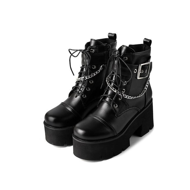 Europe, America, Autumn and Winter New Thick Heel Side Zipper Thick Bottom Fashion Rivet Belt Buckle Muffin Women's Chain Martin Boots