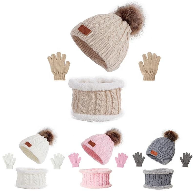 3 Stück Baby Mütze Schal Winter Gestrickt Polyester Beanie Kleinkind Mütze Kinder Junge Mädchen Säugling Flacher Rand Bommel Mützen Set Warm
