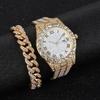2pcs/set Rhinestone Large Dial Steel Strap Quartz Alloy Trendy Man Watch Cuban Link Style Bracelet Set(1 Watch+1 Bracelet)