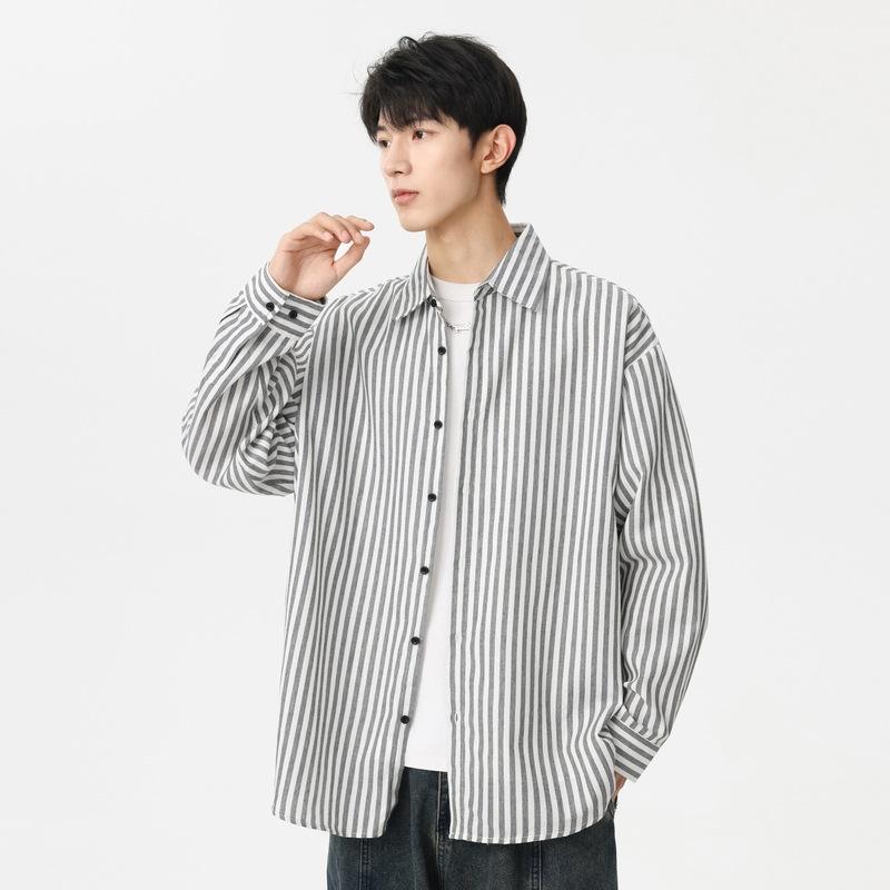 

Полосатая рубашка с длинным рукавом, мужская осенняя свободная повседневная куртка в гонконгском стиле, подростковая мужская одежда 3XL