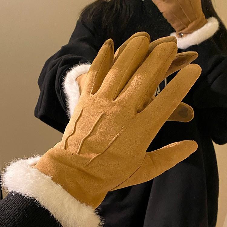 Suede Brown Plush Gloves for Women in Autumn and Winter Thickened and Velvet To Keep Warm and Cold Proof for Students To Ride Outdoors