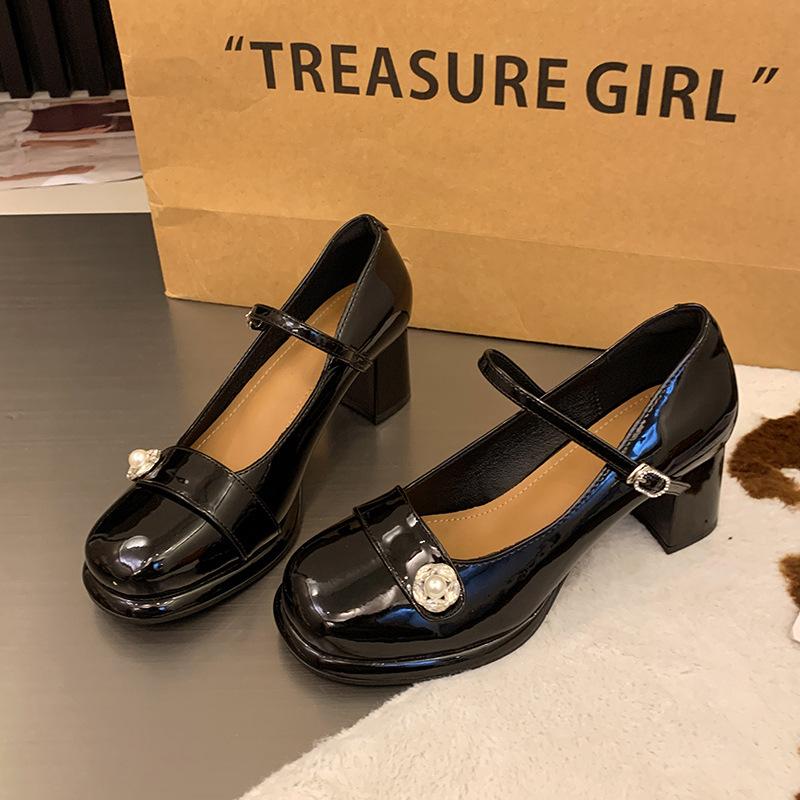 Spring and Autumn New Mary Jane 2024 Coarse Heel High Heel Shoes Temperament Pearl Retro Round Head Shoes Children's Versatile Single Shoes