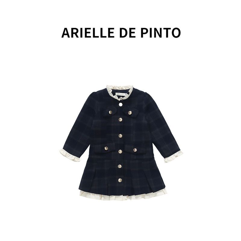 French Arielle De Pinto Girls Small Fragrant Style Plaid Dress Autumn New One-Piece Suit Dress Dark Blue 140cm