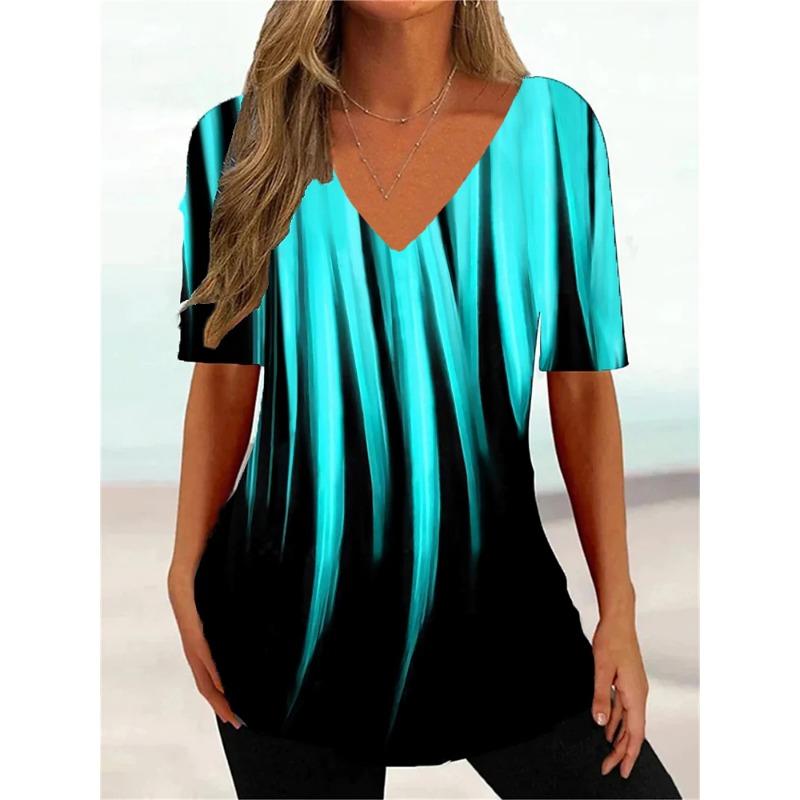 Mode Einfache Wellenkurve 3D-Druck T-Shirts Damen V-Ausschnitt Kurzarm T-Shirt Y2k Harajuku T-Shirts Lässige Tops Damenbekleidung