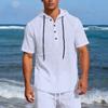 Men Linen Blend Hooded Short Sleeve Henley Shirt