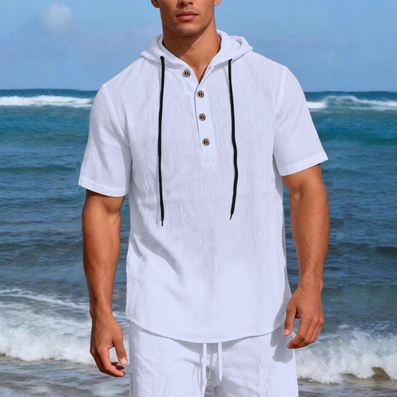 Men Linen Blend Hooded Short Sleeve Henley Shirt S