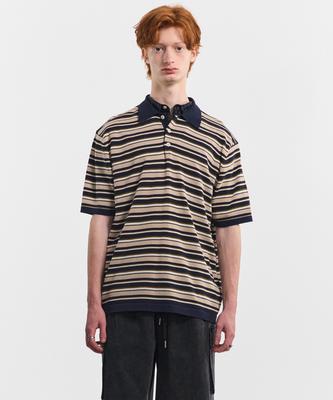 BLACK MOMENT Retro Striped Collared Knit Polo [Beige Mix]