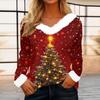 Women's Casual Christmas Print Long Sleeve Top with Plush Collar for Winter