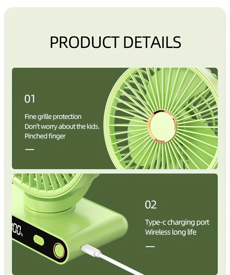 Desktop Portable Handheld Fan,2000Mah Rechargeable Fan Features Five Speed Settings, Night Light Option, And a Digital Display