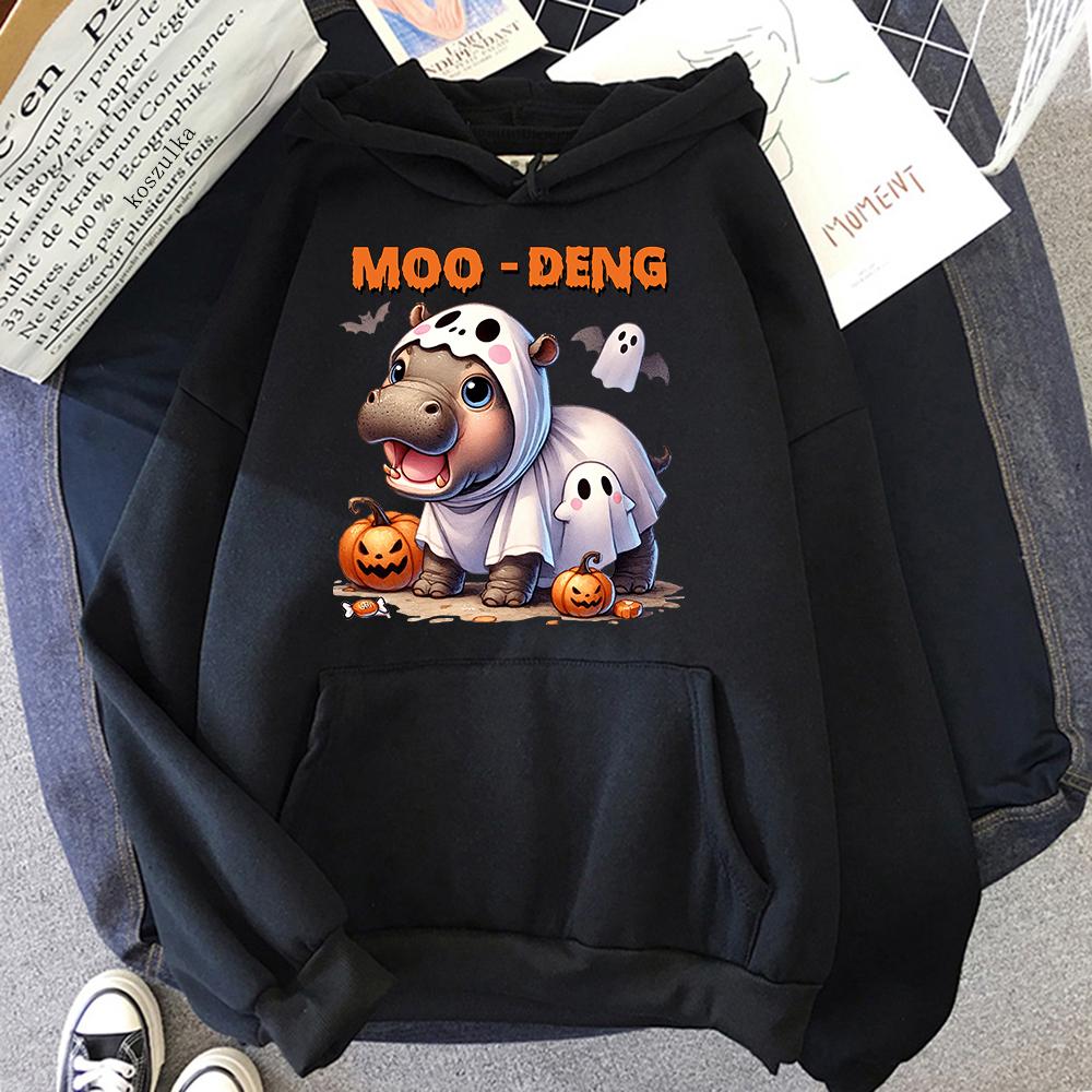 Смешной Хэллоуин Moo Deng Hoodie Fashion Unisex Harajuku Aesthetic Kawaii Hoodies Unisex Осень Зима Пуловер Толстовки Толстовка L