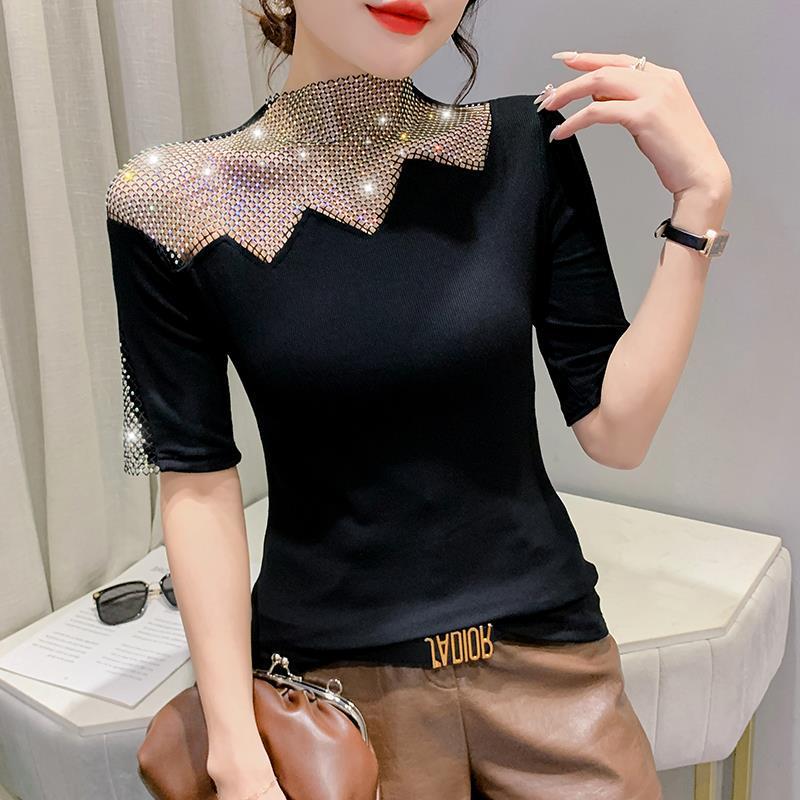 

Весенняя женская футболка с коротким рукавом в европейском стиле 2022 года с горячей фиксацией и ажурным дизайном 2XL чёрный