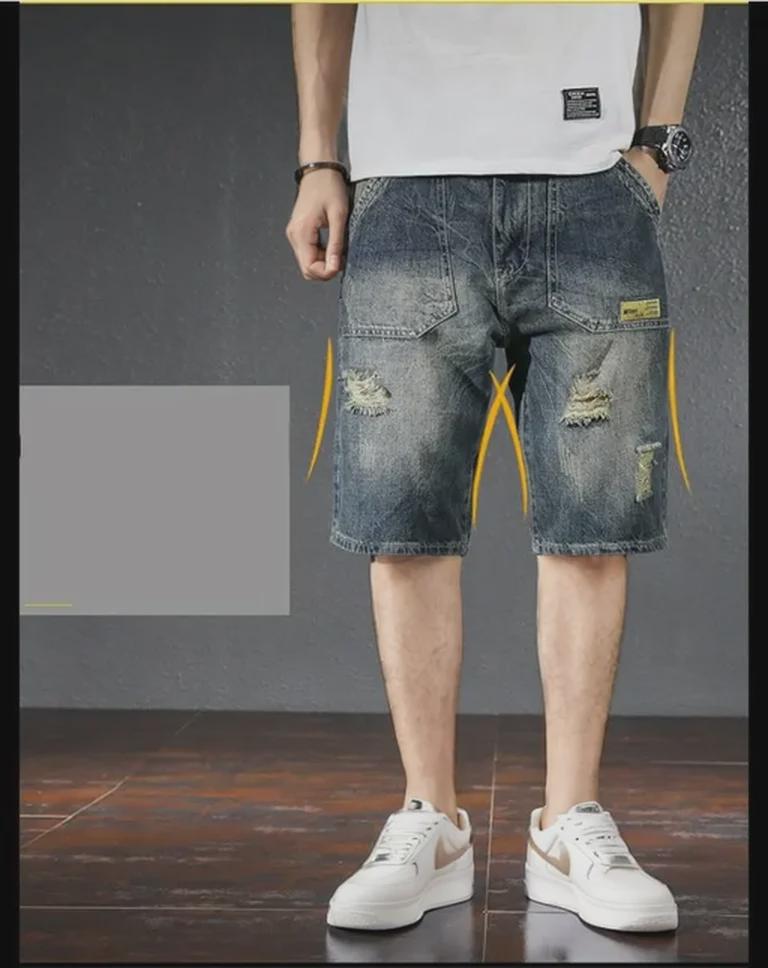 Boys' Slim Fit Light Blue Ripped Denim Shorts with Whisker Print
