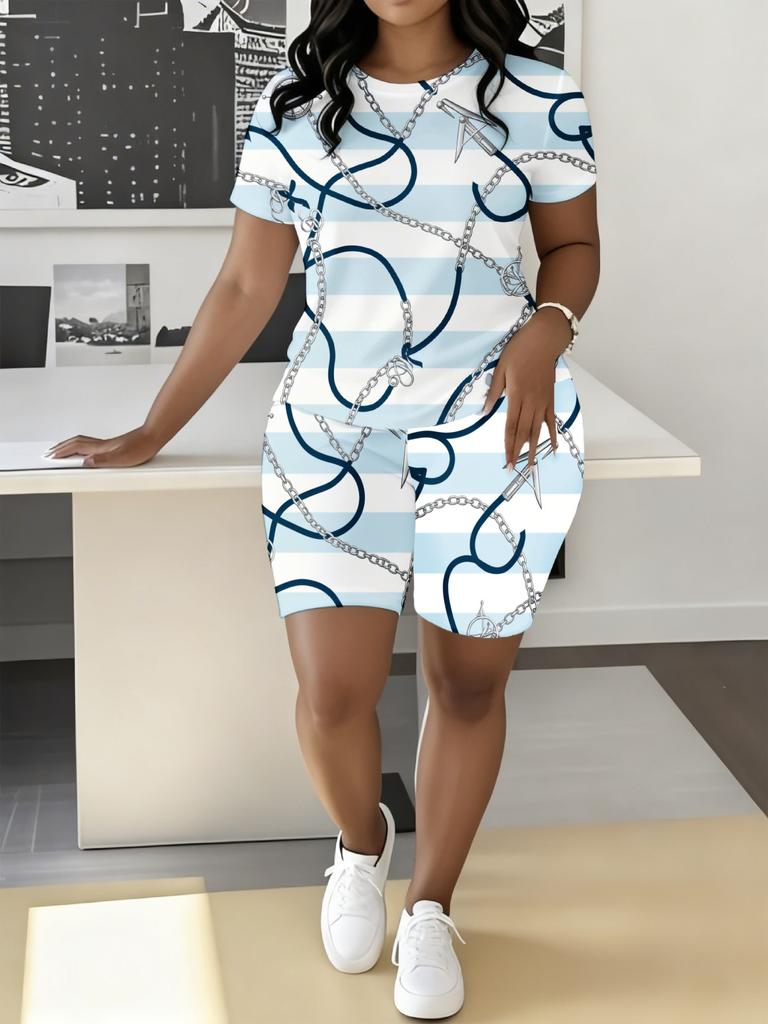 1116 new casual sports style digital printing shoulder sleeve T-shirt high waist tight shorts fashion suit women