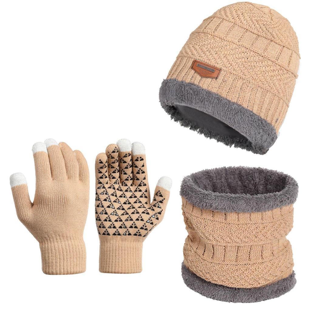 Dreiteiliges Winterset: Gestrickte Mütze, Rutschfeste Touchscreen-Handschuhe und Fleecegefütterter Wollschal