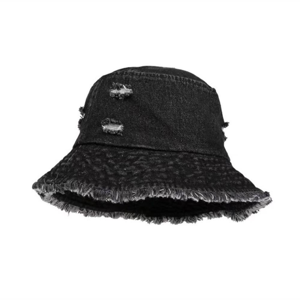 

Fashion Washed Denim Bucket Hats Wide Brim Sun Protection Sunscreen Hat Tassel Edge Solid Color Fishermen Caps Unisex чорний