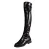 Chunky Heels Over Knee Boots For Women Thigh High Flat Boots Ladies Solid Color Shiny Leather Large Boots Black Slim Shoes