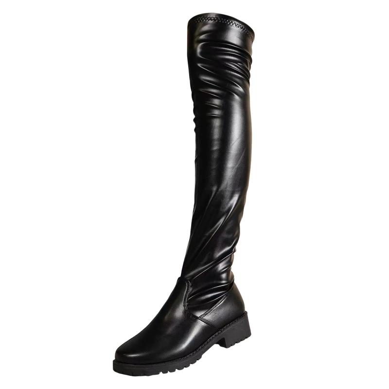 Chunky Heels Over Knee Boots For Women Thigh High Flat Boots Ladies Solid Color Shiny Leather Large Boots Black Slim Shoes